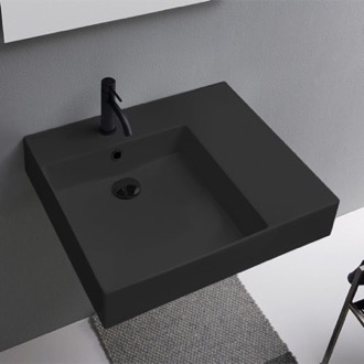 Bathroom Sink Matte Black Ceramic Wall Mounted or Vessel Sink With Counter Space Scarabeo 5147-49